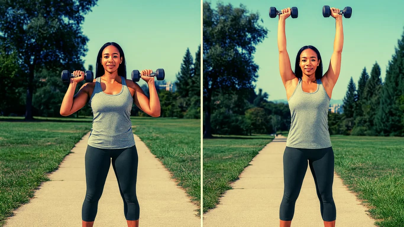 Mache 1 Minute Überkopfdrücken (ein Gewicht von den Schultern nach oben drücken)
