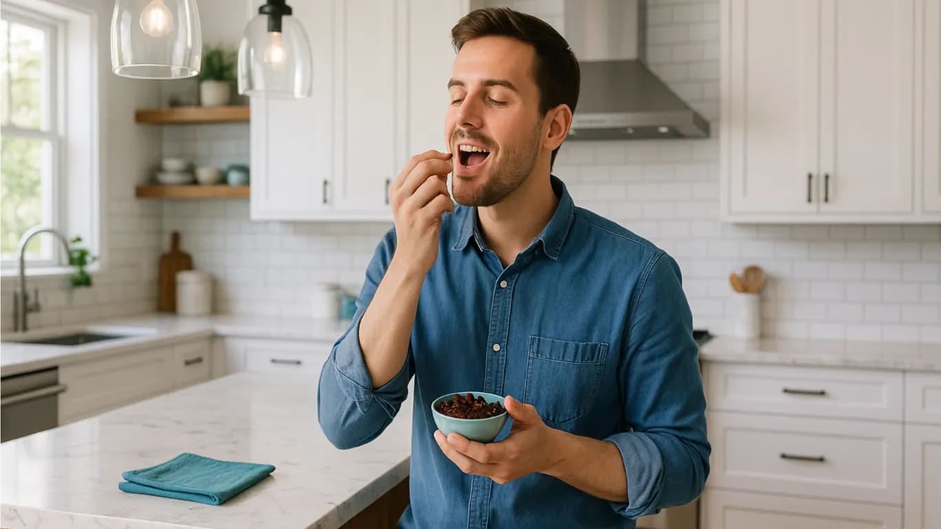 Halte eine Rosine auf deiner Zunge, bevor du sie kaust
