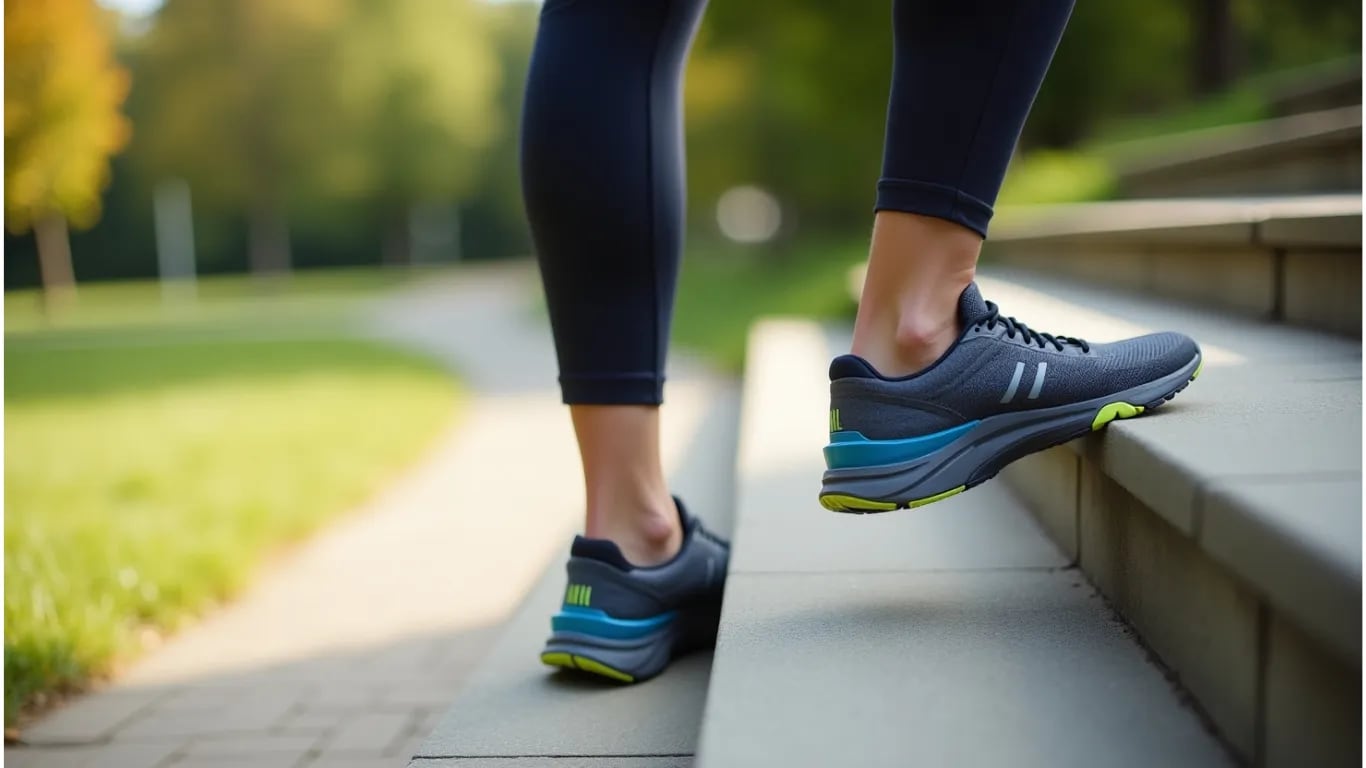 Dehne deine Waden, indem du auf einer Stufe stehst und die Fersen senkst