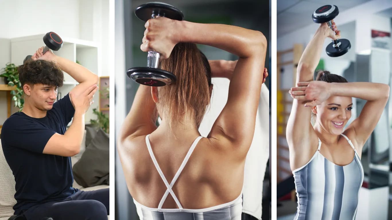 Do 1 minute of tricep extensions (using weights or a water bottle)