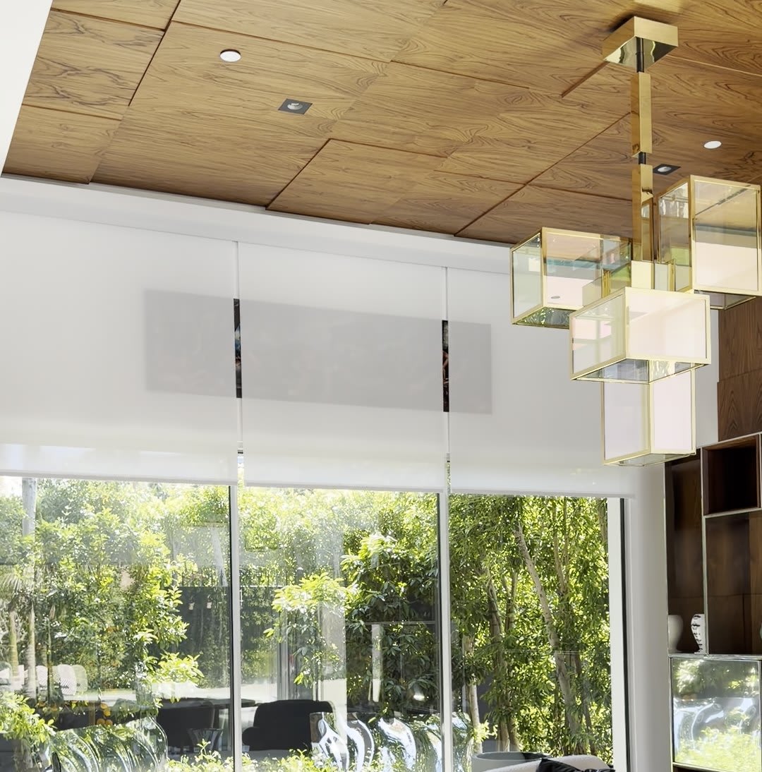 Motorized shades raised on a double height glass wall, garden beyond