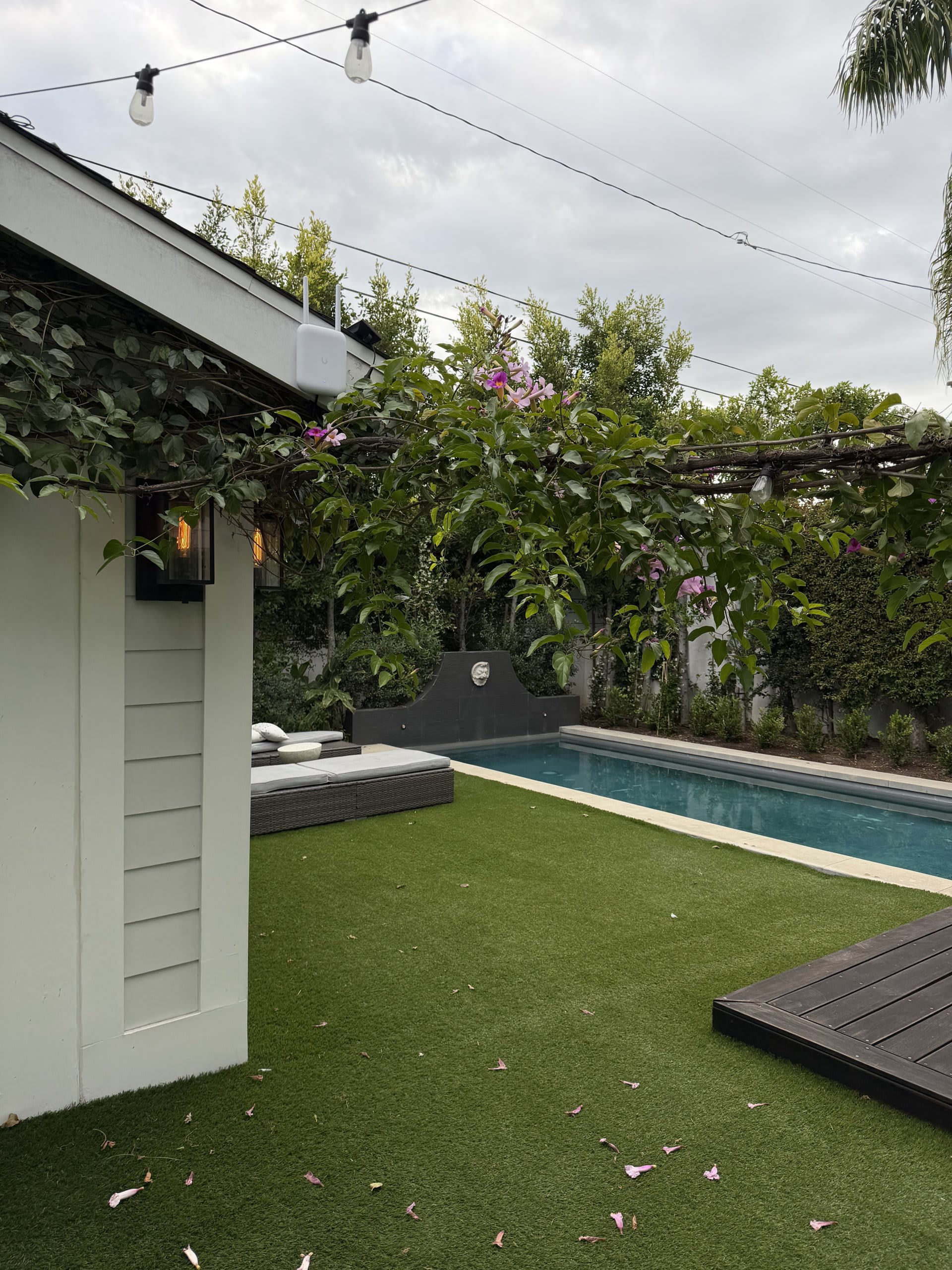 Backyard pool with landscape lighting and garden string lights — Ermine Smart Home, Los Angeles