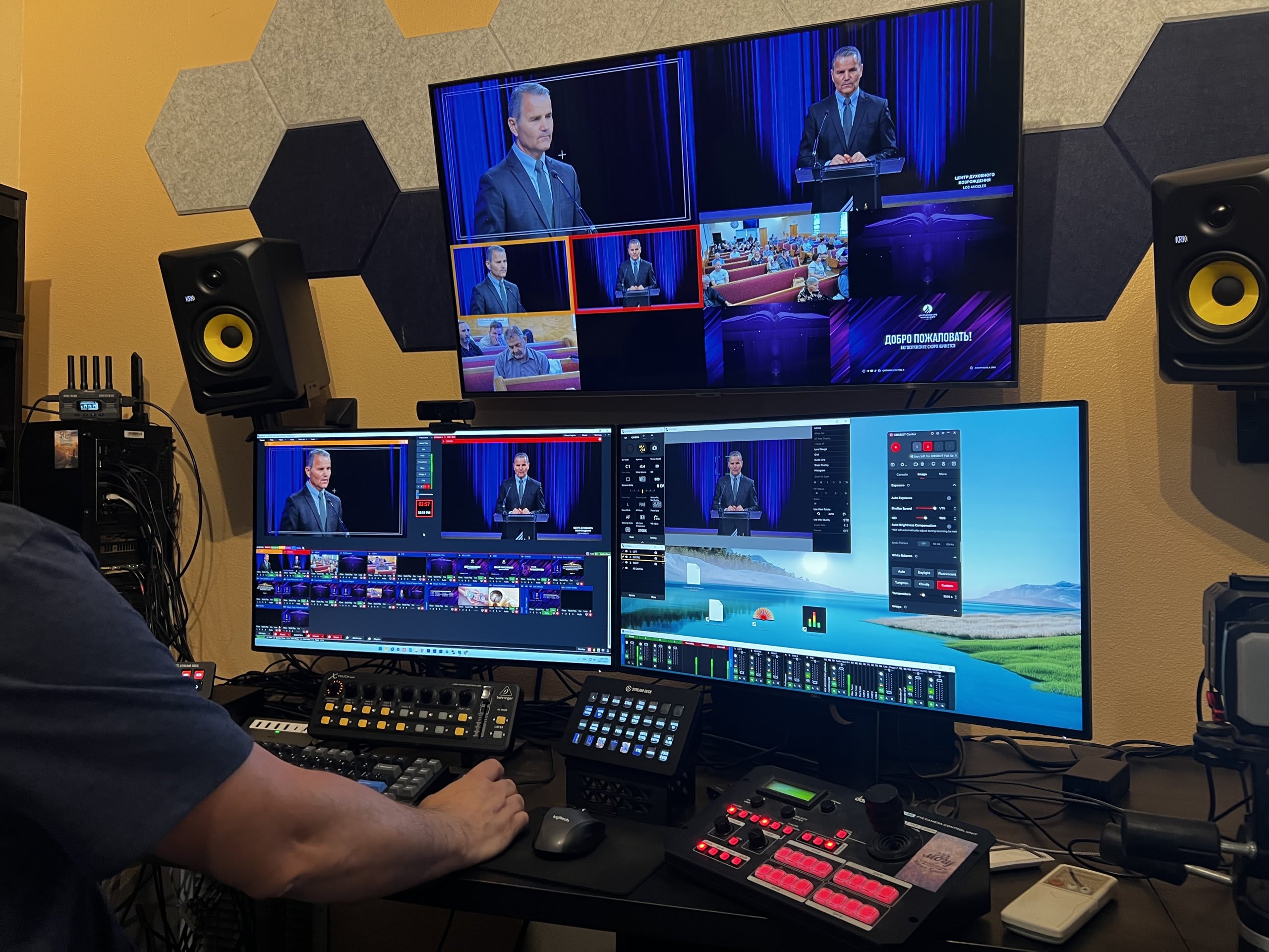 Live production control room with multi-camera switching for a house of worship — Ermine Smart Home, Los Angeles