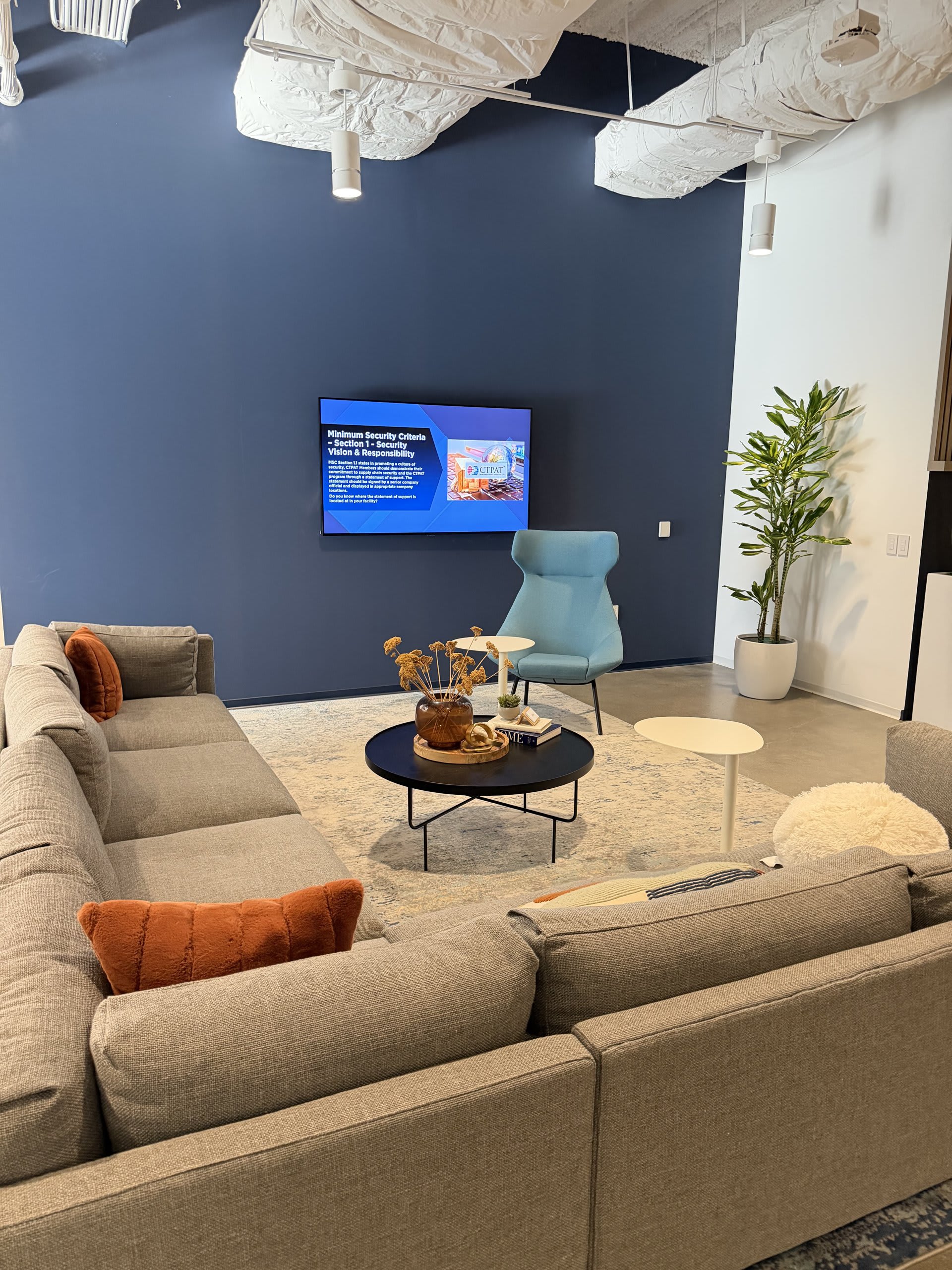 Smart living room with a wall-mounted TV and integrated control — Ermine Smart Home, Los Angeles