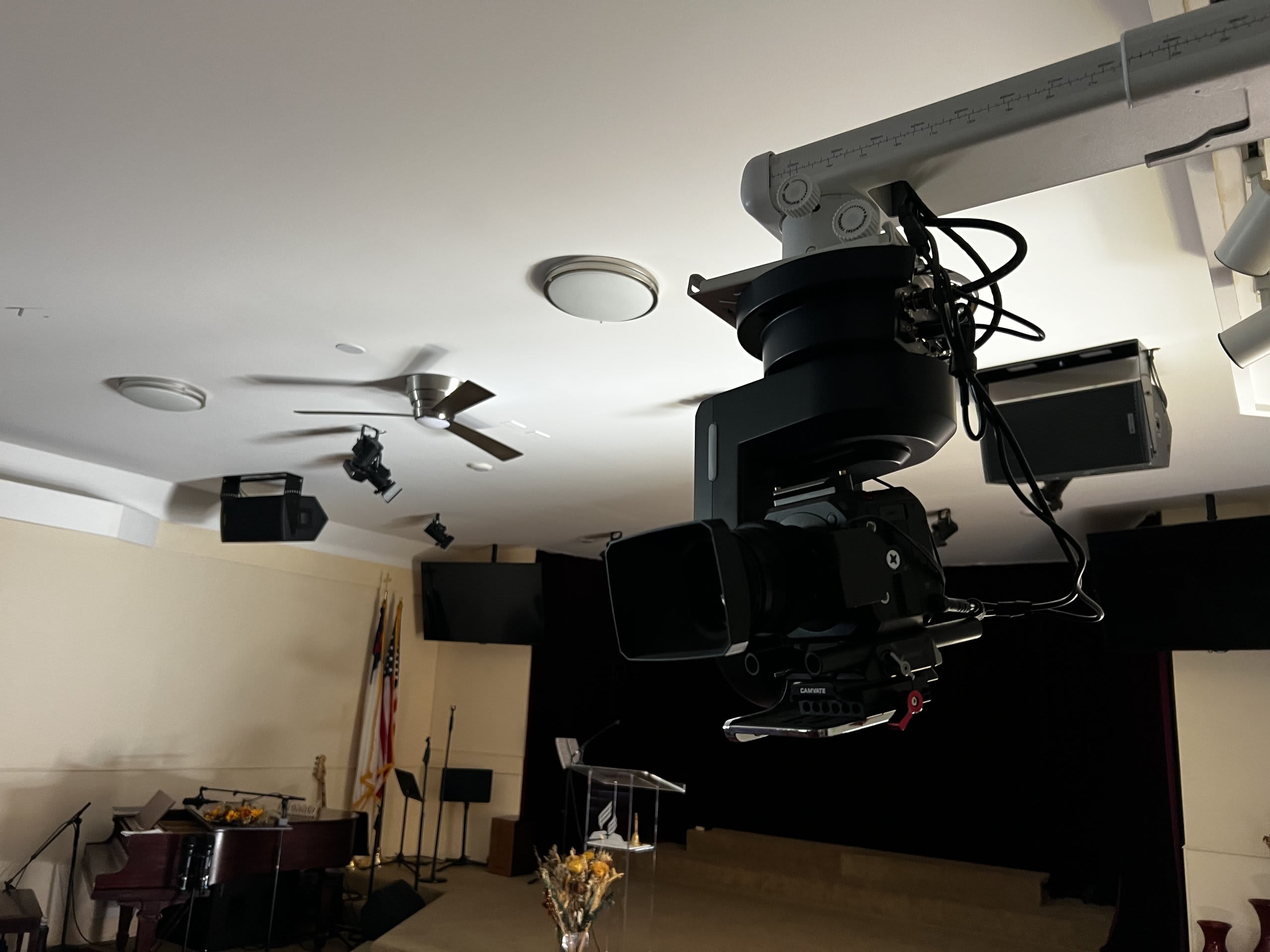 Ceiling-mounted robotic PTZ camera for live streaming services — Ermine Smart Home, Los Angeles
