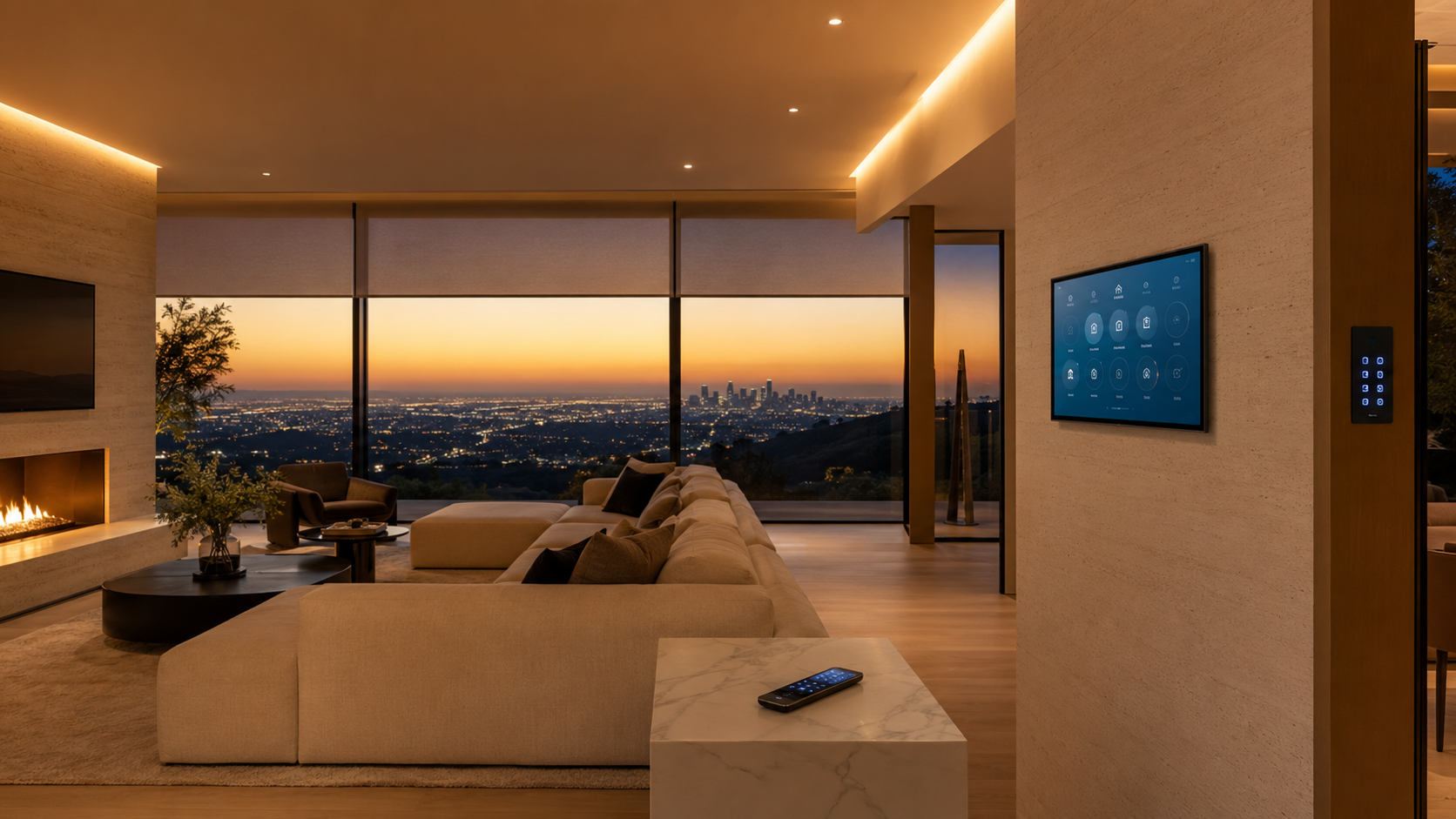 Smart home living room with LA skyline
