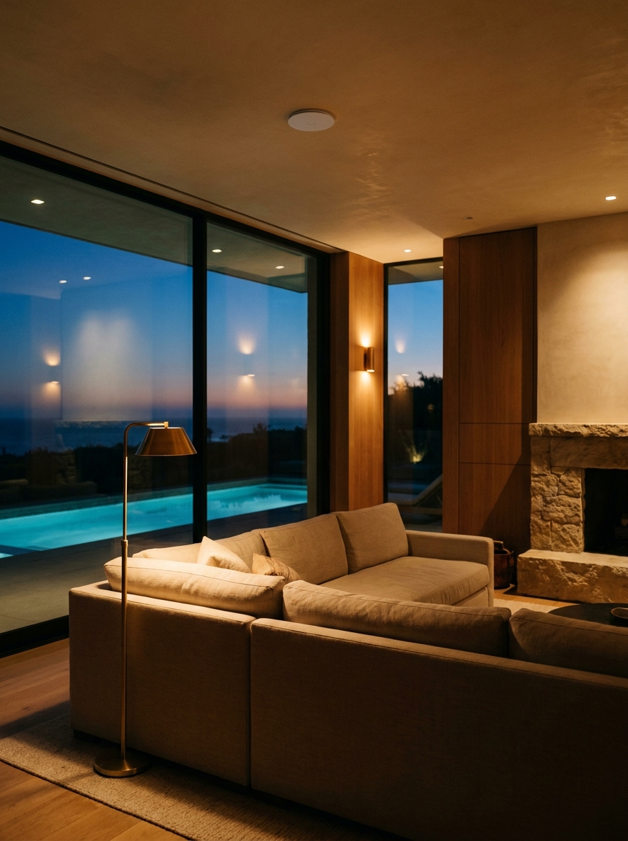 Wi-Fi everywhere — luxury California living room at dusk with discreet ceiling access point
