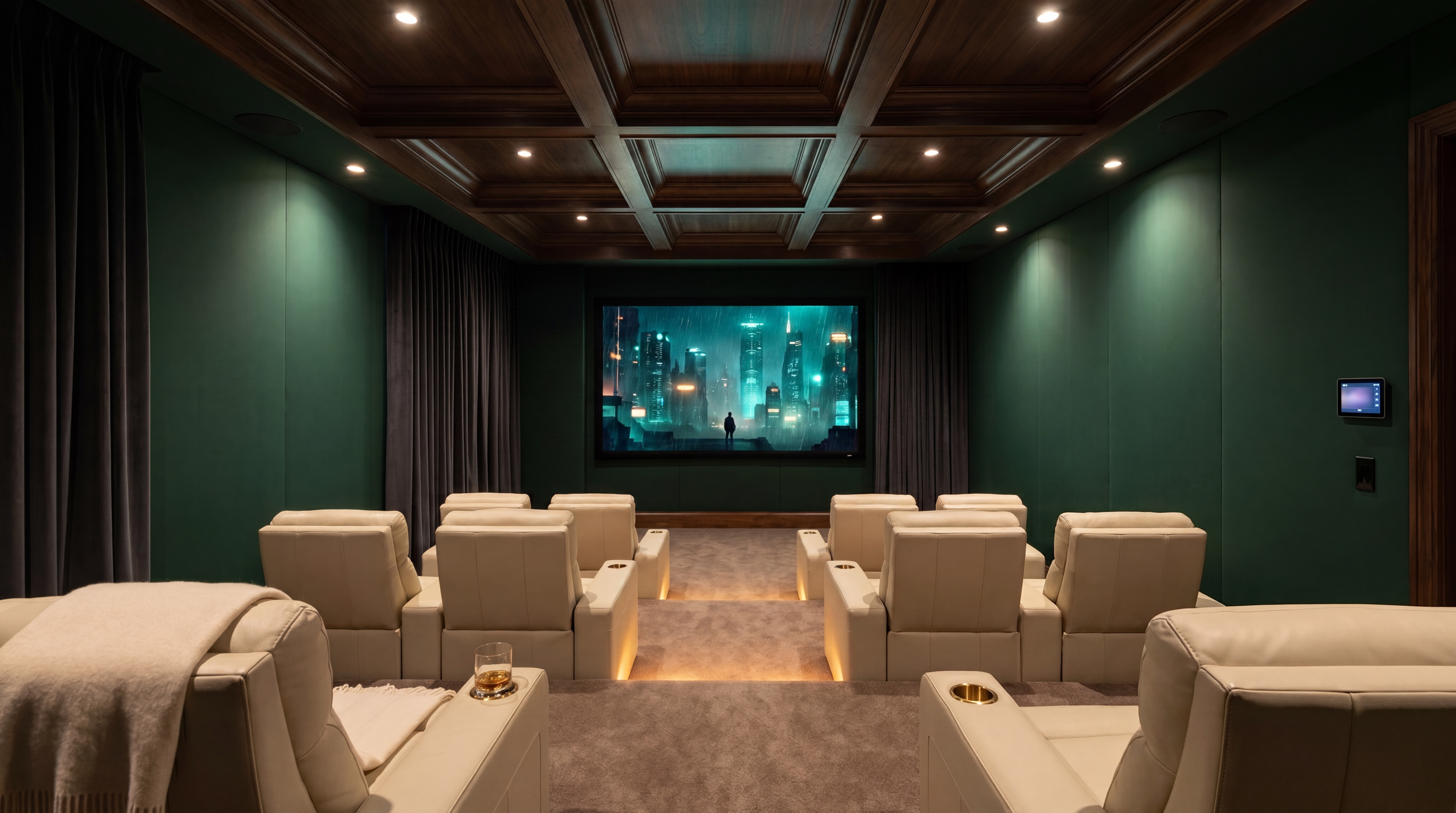 Home Cinema — dedicated home theater room with a large screen and comfortable seating in a luxury California home