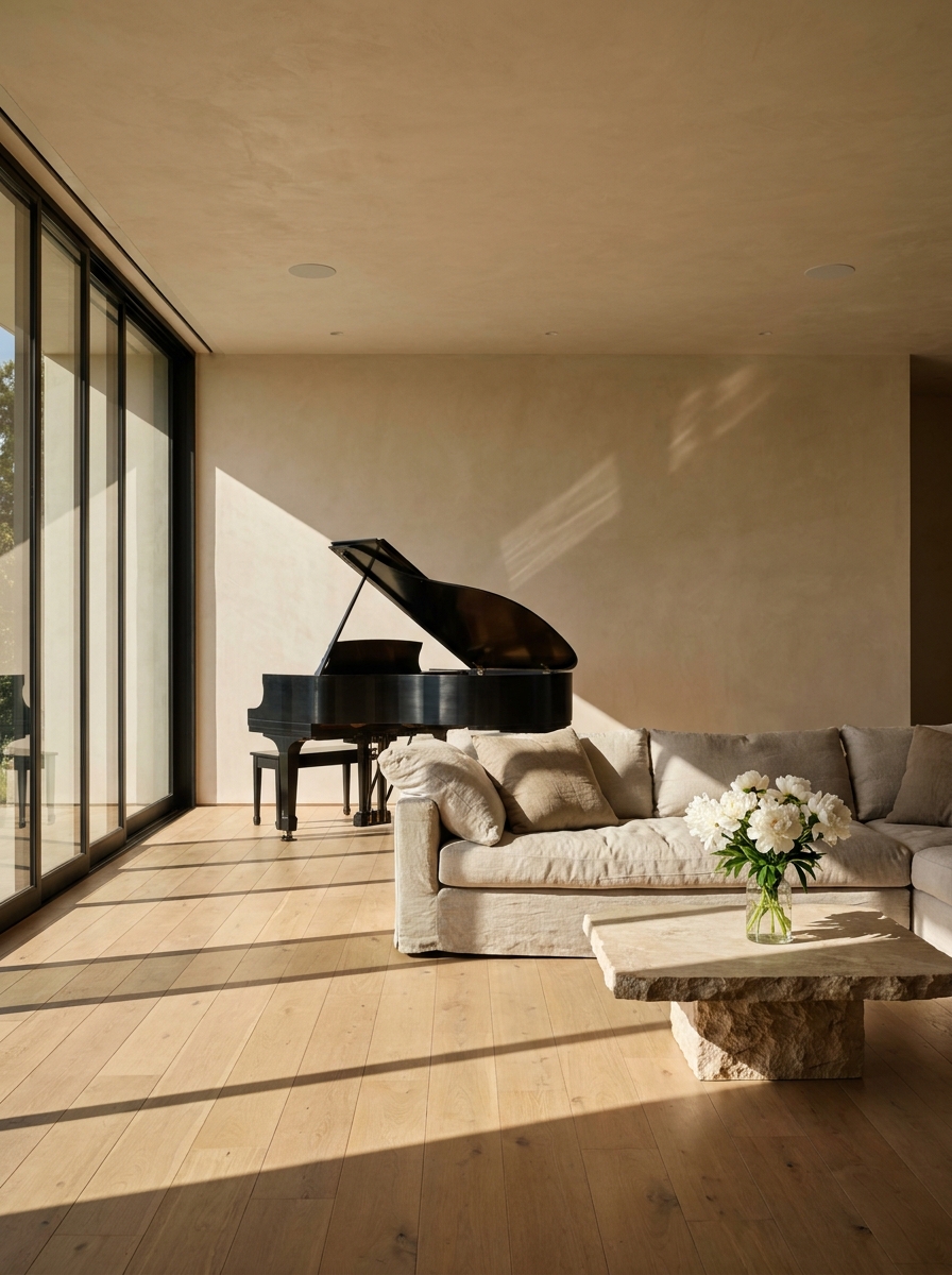 Music in every room — discreet in-ceiling speakers in a luxury California living room