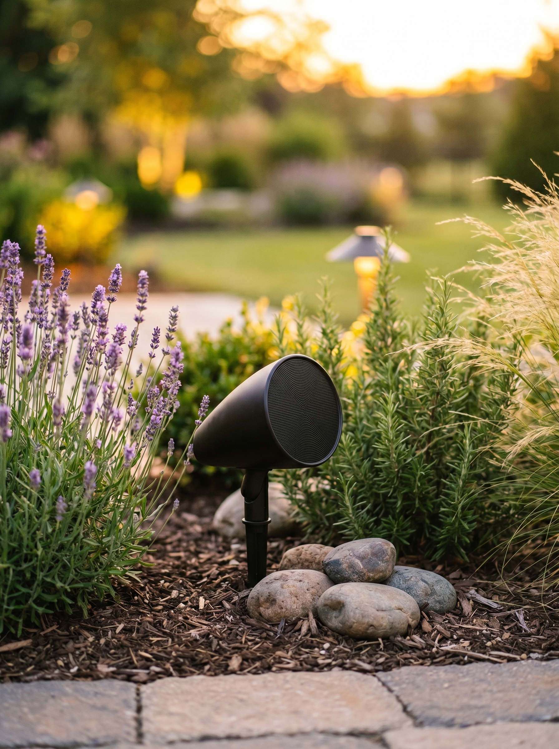 Outdoor sound — discreet landscape speaker hidden in a luxury California garden