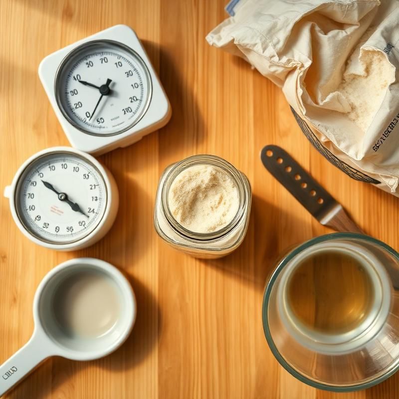 Sourdough starter essentials — jar, scale, flour, water, and tools