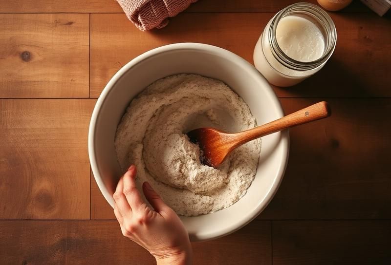 Hands mixing flour and water to create a sourdough starter