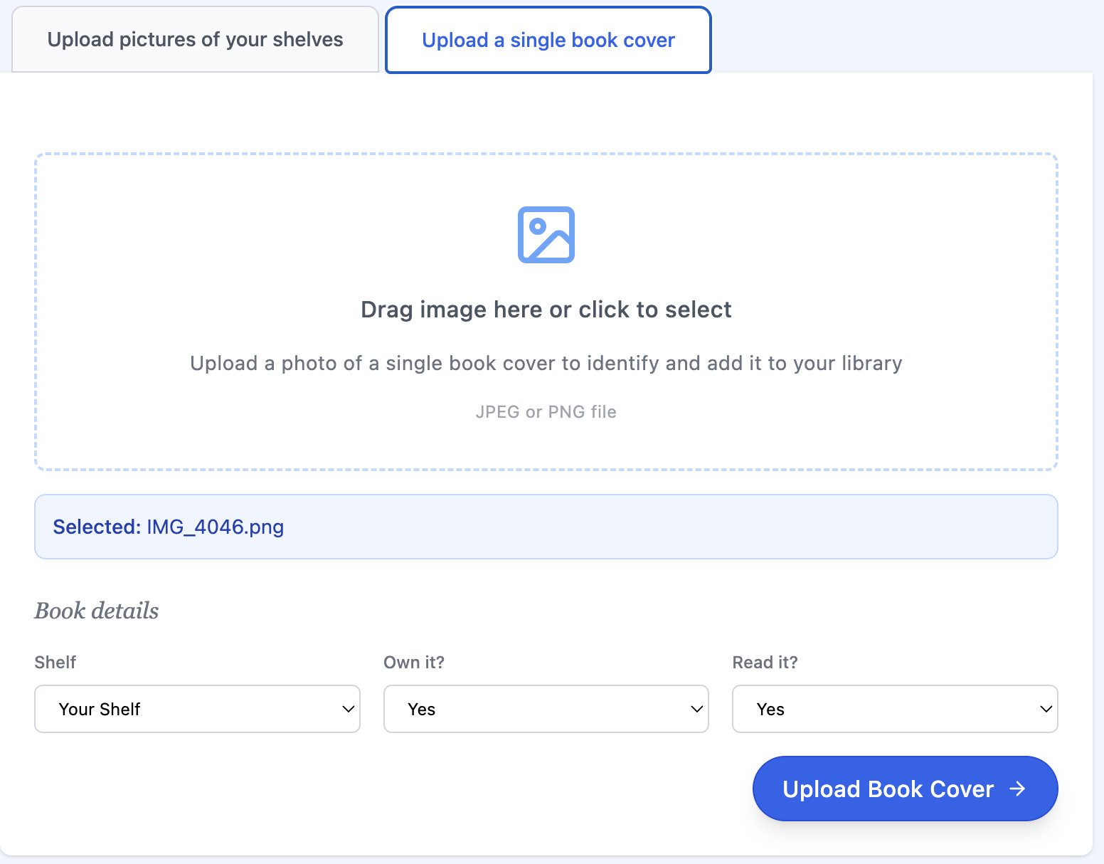 Upload book cover area
