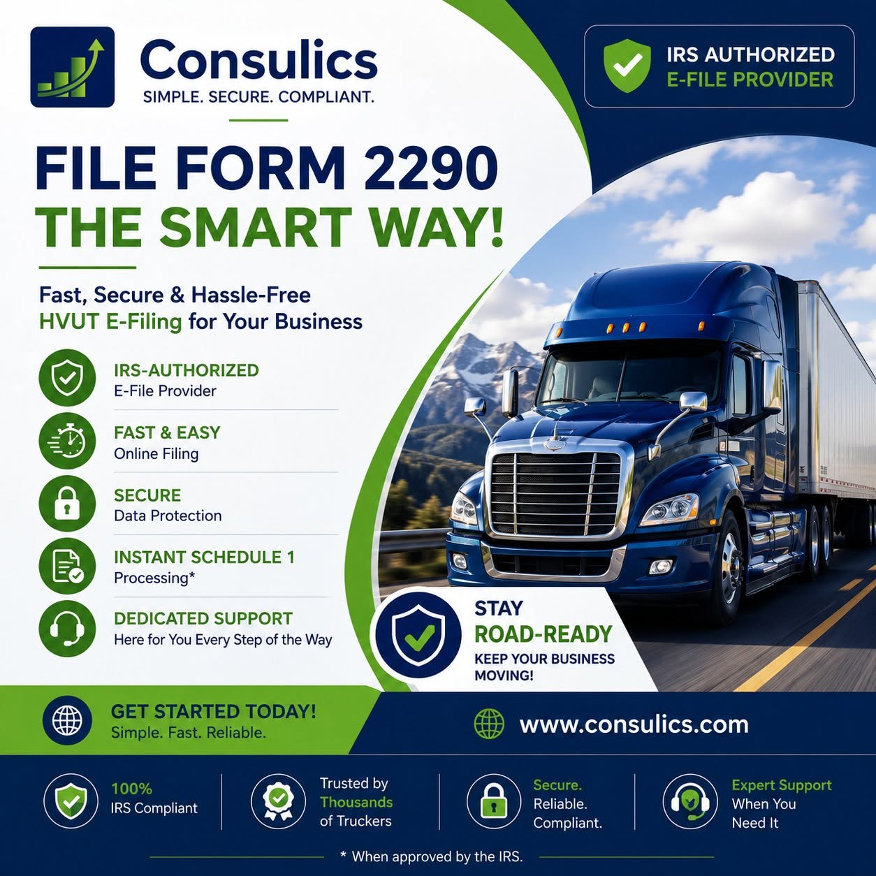 IRS Authorized Form 2290 (HVUT) and 8849 e-file provider for owner
operators, fleets, and tax professionals in all 50 states. Stamped
Schedule 1 in minutes.