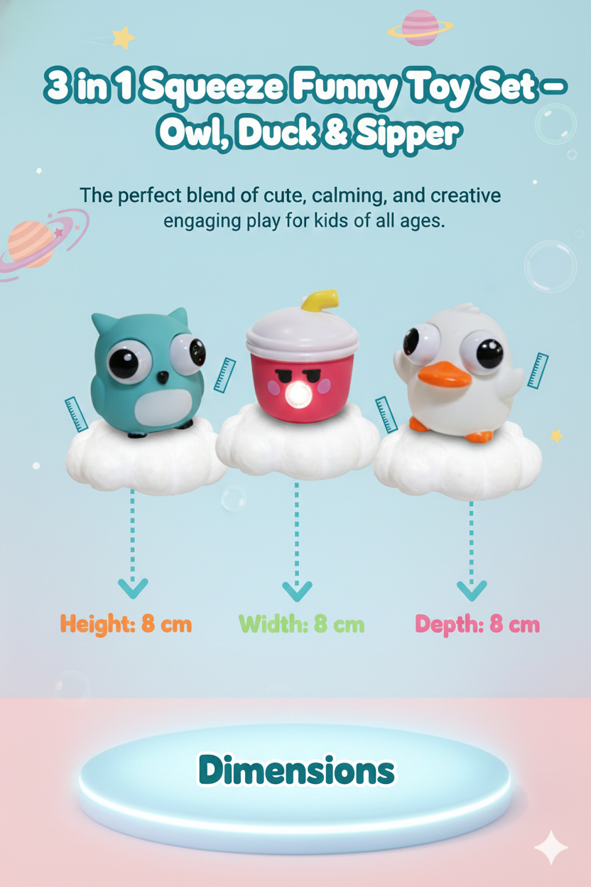 3 in 1 Squeeze Funny Toy set – Owl, Duck & Sipper - Image 6