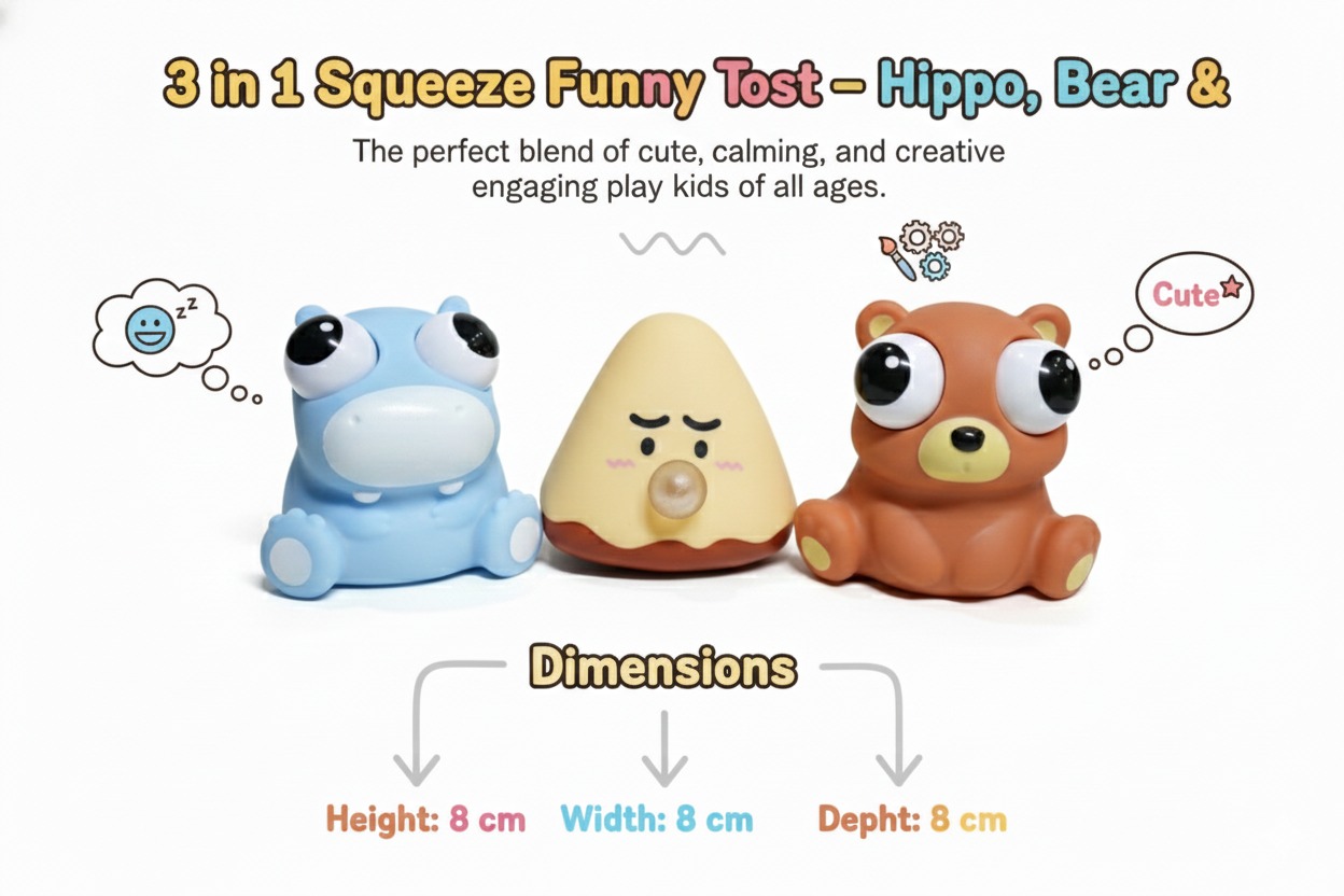3 in 1 Squeeze Funny Toy Set – Hippo, Bear & Cake - Image 2