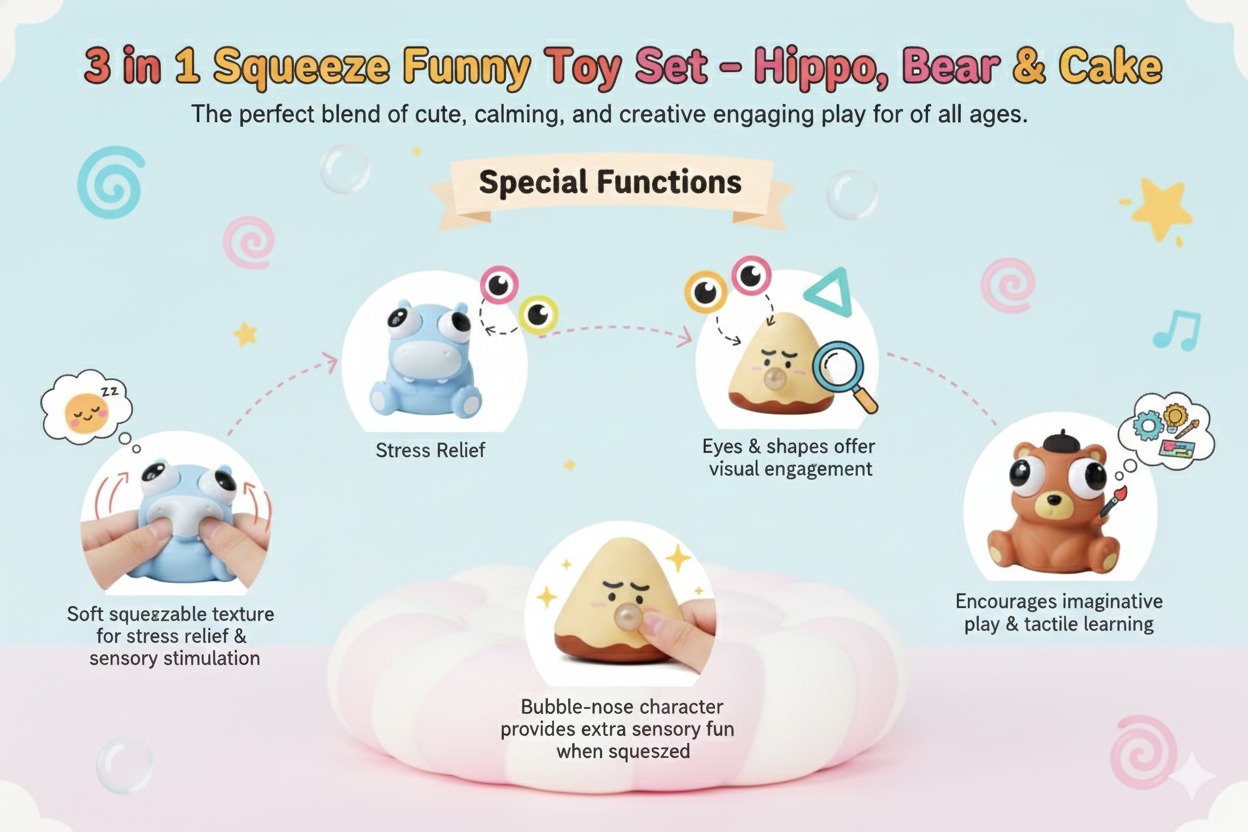 3 in 1 Squeeze Funny Toy Set – Hippo, Bear & Cake - Image 6