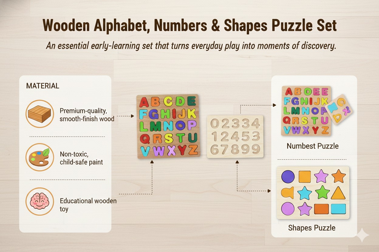 Wooden Alphabet, Numbers & Shapes Puzzle Set