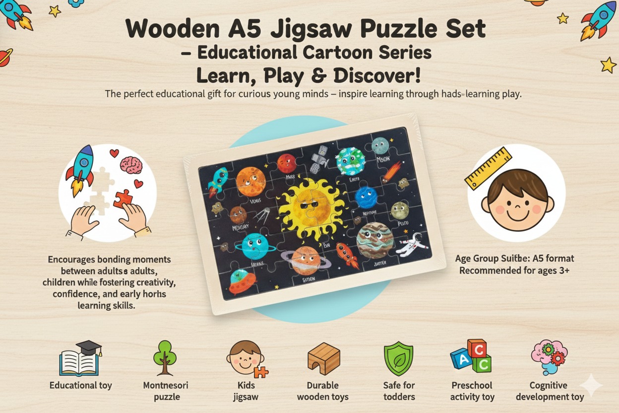 Wooden A5 Jigsaw Puzzle Set – Educational Cartoon Series