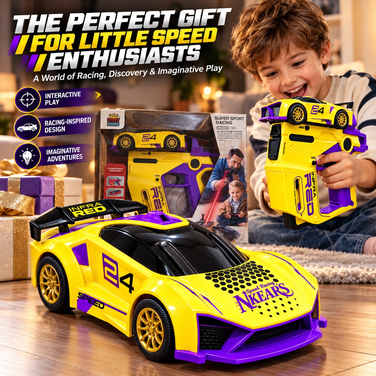 Futuristic Purple and Yellow Toy Blaster Racer with Laser Gun Set - Image 5
