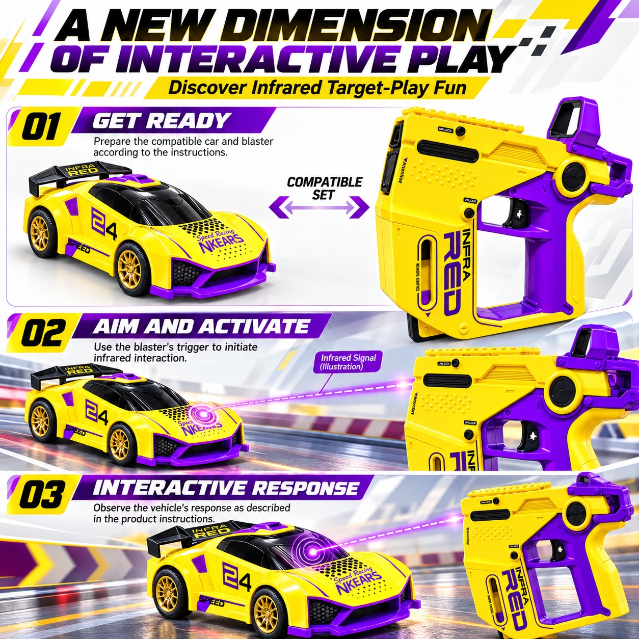 Futuristic Purple and Yellow Toy Blaster Racer with Laser Gun Set - Image 4