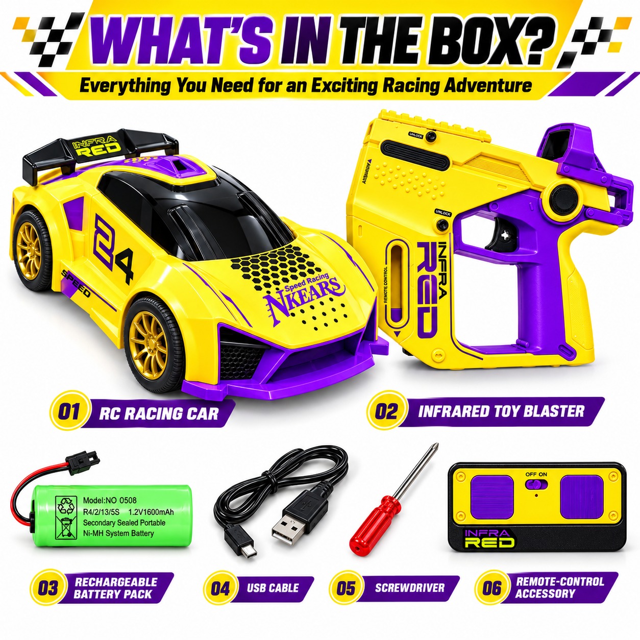 Futuristic Purple and Yellow Toy Blaster Racer with Laser Gun Set - Image 6