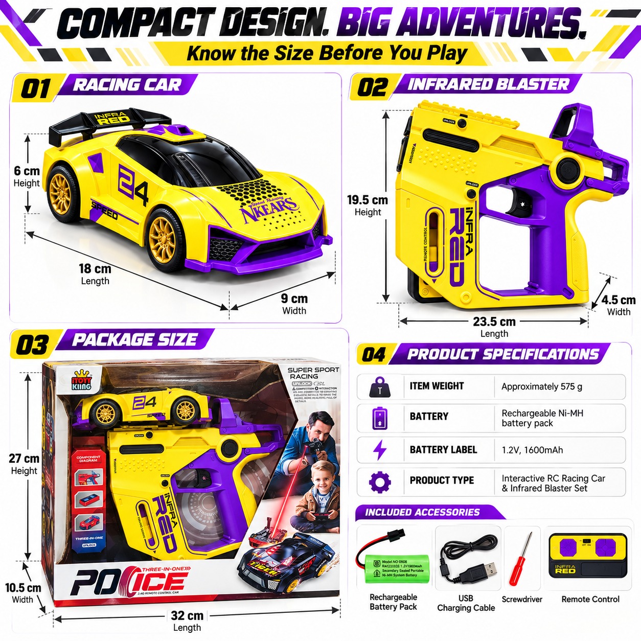 Futuristic Purple and Yellow Toy Blaster Racer with Laser Gun Set - Image 3