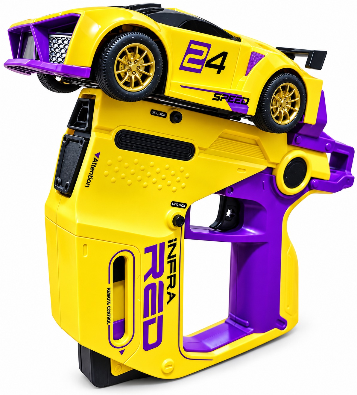 Futuristic Purple and Yellow Toy Blaster Racer with Laser Gun Set
