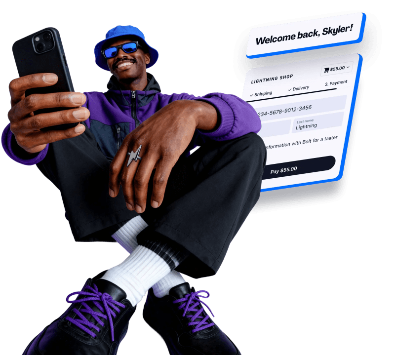 Man smiling while holding a smartphone, wearing purple and black outfit, sitting cross-legged with a Bolt checkout screen floating beside him that says “Welcome back, Skyler!”