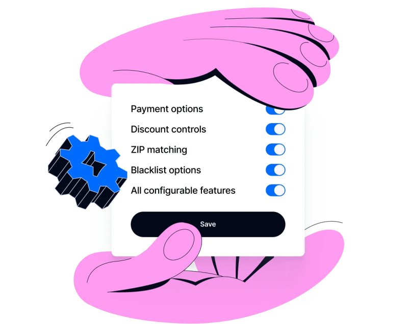 A pair of hands is holding a switchboard-like that shows the options "Payment options Discount controls ZIP matching Blacklist options All configurable features". To the side there's a cog with a Bolt Icon engraved on top of it.