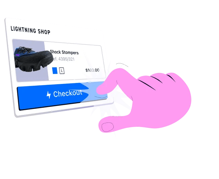 Illustration of a hand touching a "checkout" button on a product UI window showcasing Shock Stompers shoes.