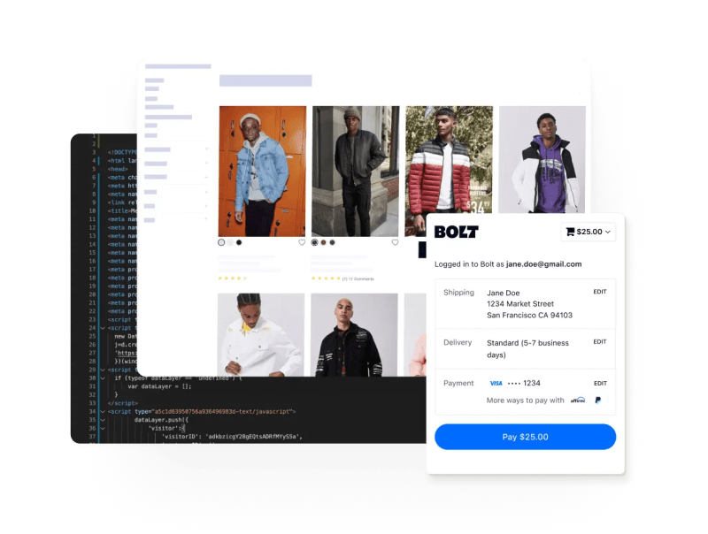 Bolt checkout window overlaid on a product listing page with code in the background, showing how the checkout integrates into an eCommerce site.