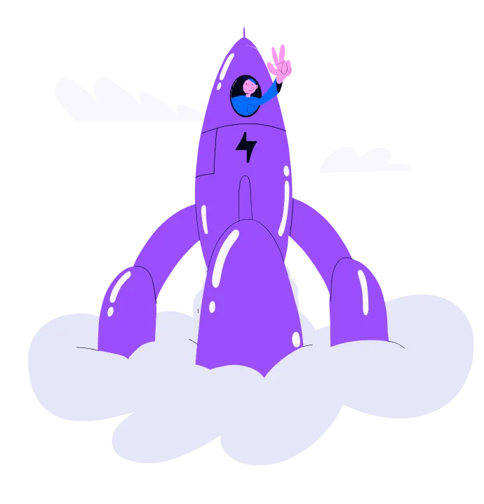 Illustration of a person aboard a rocket with a Bolt Icon on it.