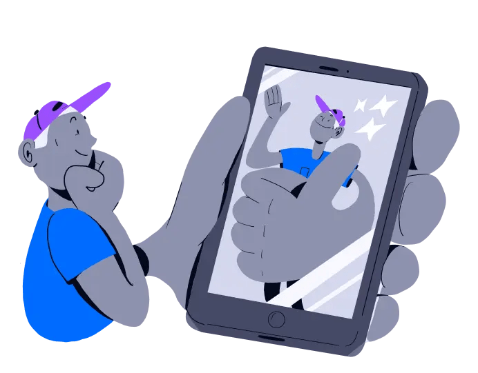 Illustration of a person seeing theirself on a giant phone screen.