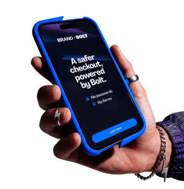 Male hand holding a phone with a Bolt collaborative marketing banner.