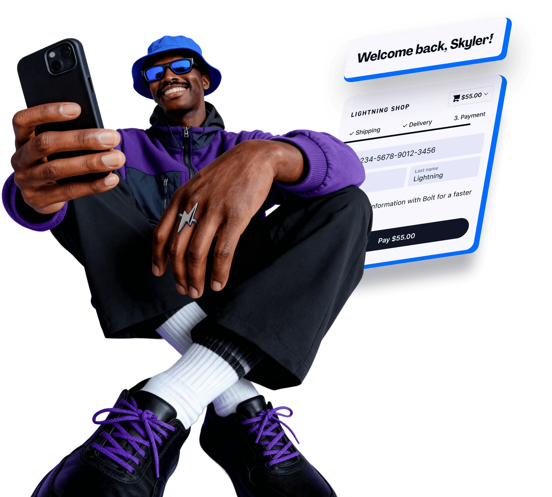 Man smiling while holding a smartphone, wearing purple and black outfit, sitting cross-legged with a Bolt checkout screen floating beside him that says “Welcome back, Skyler!”