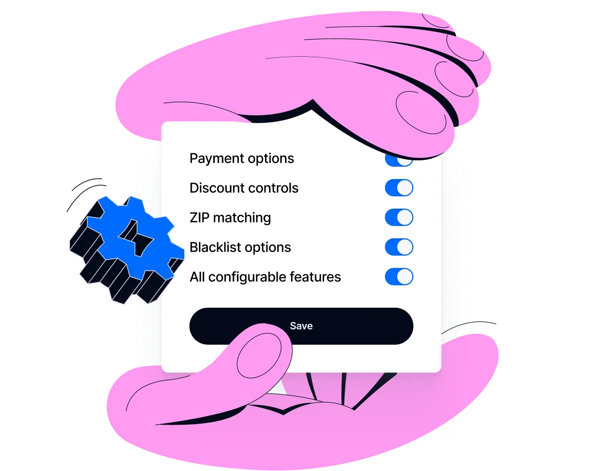 A pair of hands is holding a switchboard-like that shows the options "Payment options Discount controls ZIP matching Blacklist options All configurable features". To the side there's a cog with a Bolt Icon engraved on top of it.