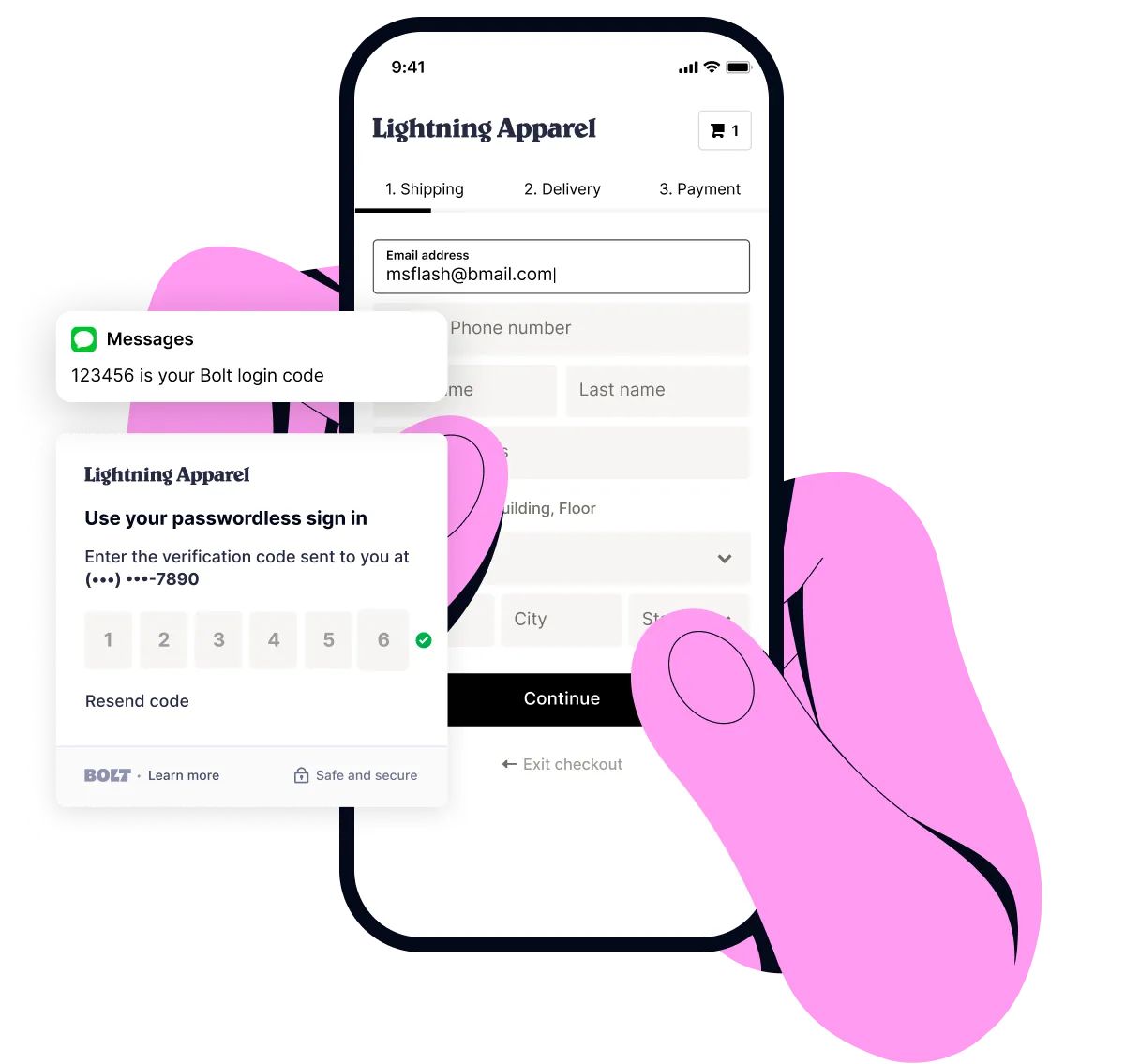 Illustration of hands checking out on a website though Bolt's OTP (one time password) method