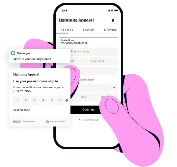 Illustration of hands checking out on a website though Bolt's OTP (one time password) method