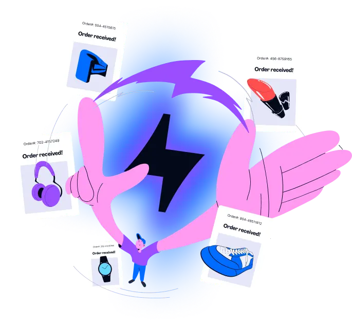 Illustration of a person making a zoom gesture with their hands seeing different "order received" windows.