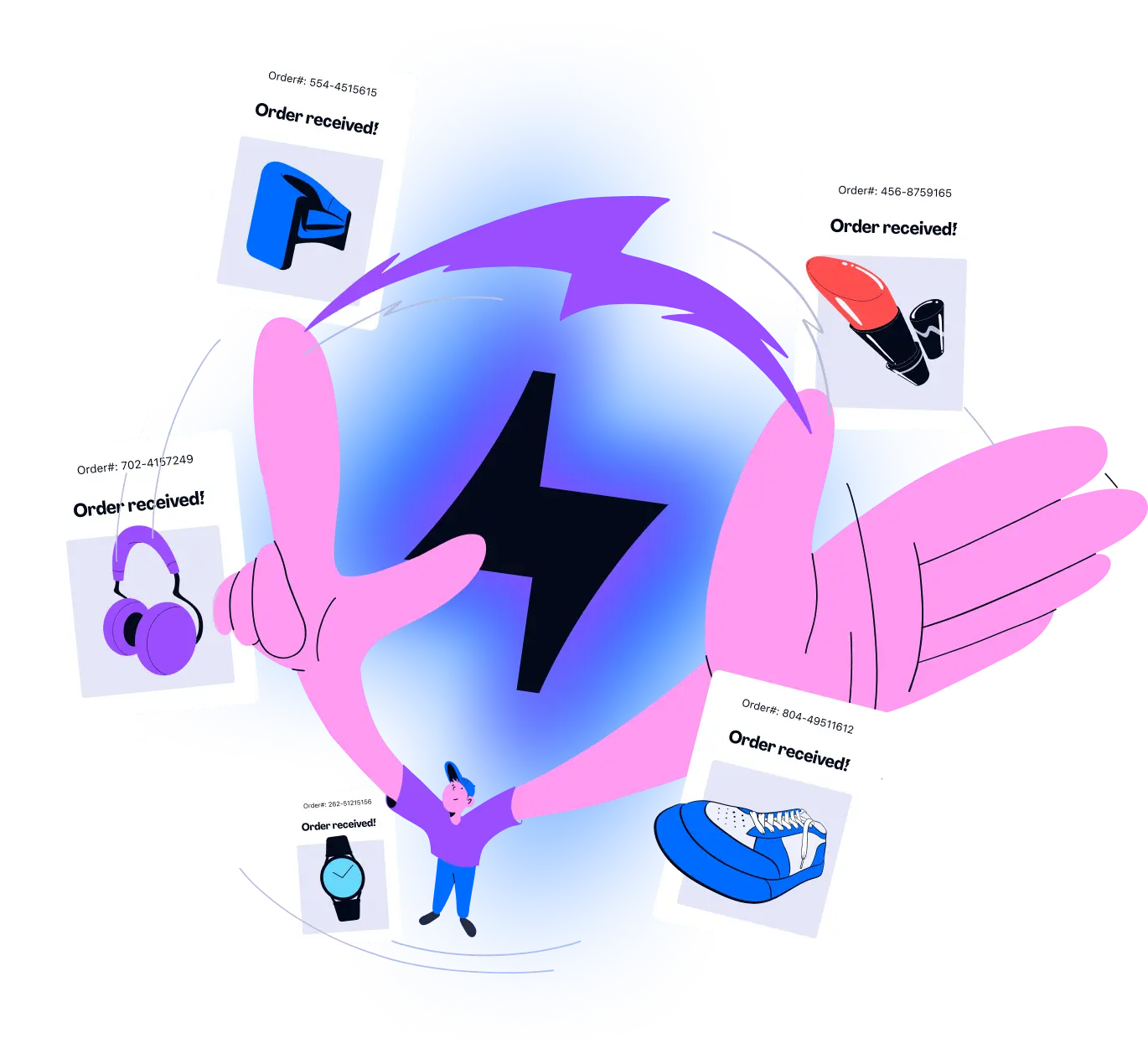 Illustration of a person making a zoom gesture with their hands seeing different "order received" windows.