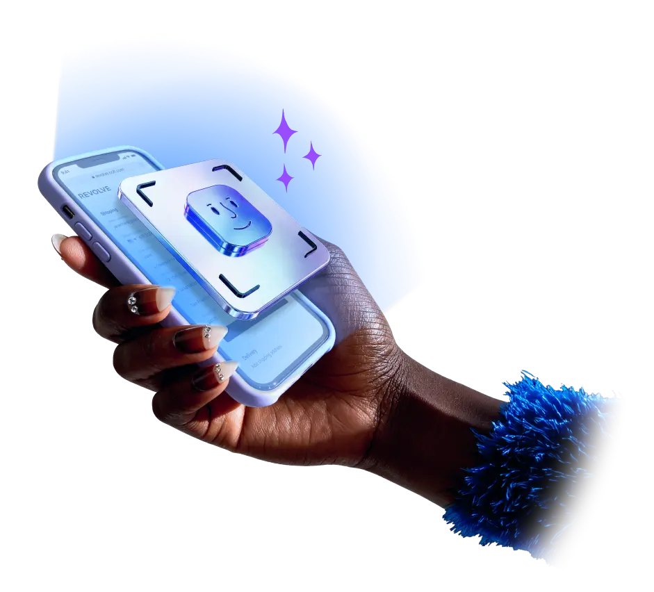 Hand holding a smartphone. User is checking out of an ecommerce and a 3D window trying to authenticate the user through facial recognition pops out of the screen.