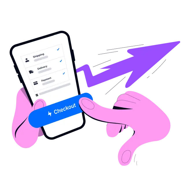 Illustration of a hand touching a button labeled "Checkout" on a purchase confirmation screen. There's a purple arrow pointing up on the background.