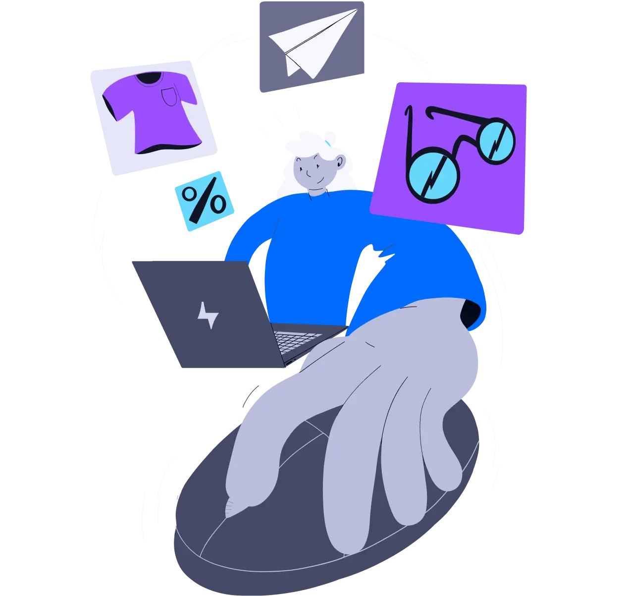 Person with a laptop holding a mouse while shopping online. 