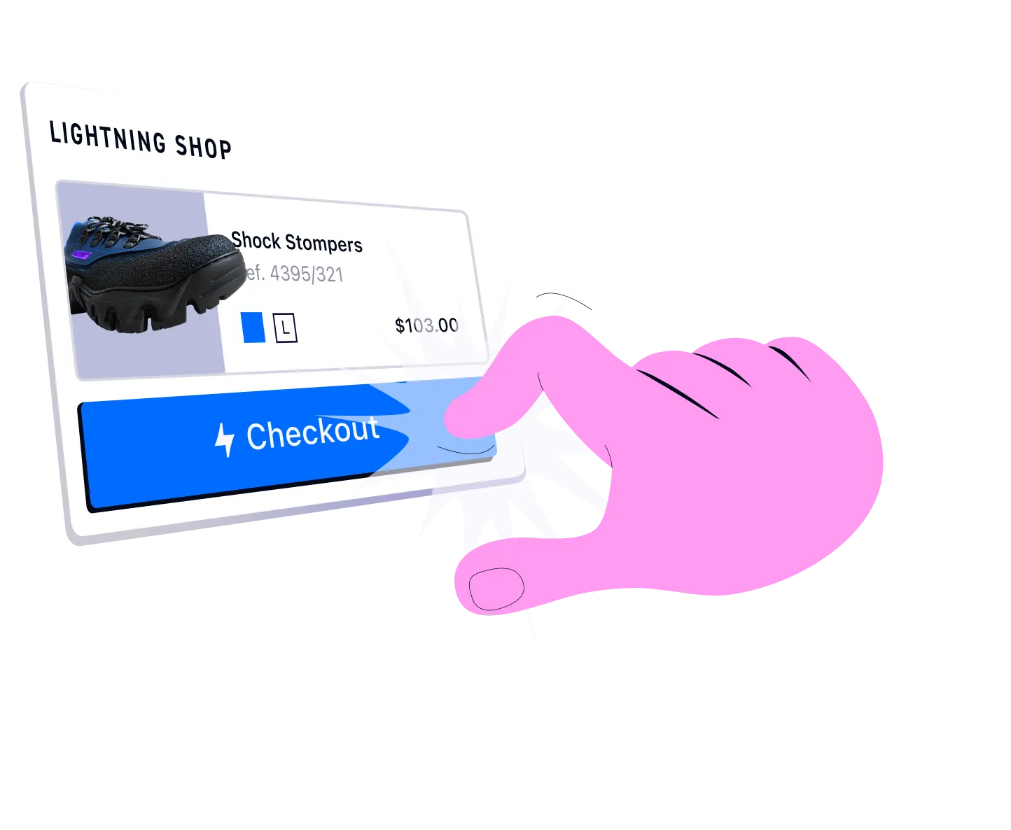 Illustration of a hand touching a "checkout" button on a product UI window showcasing Shock Stompers shoes.