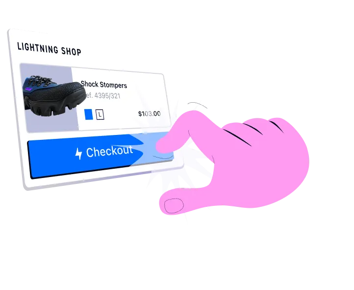 Illustration of a hand touching a "checkout" button on a product UI window showcasing Shock Stompers shoes.