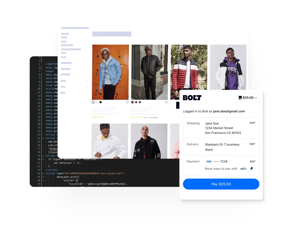 Bolt checkout window overlaid on a product listing page with code in the background, showing how the checkout integrates into an eCommerce site.