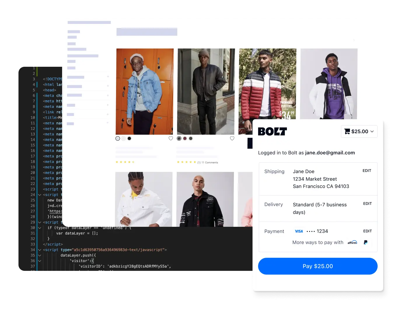 Bolt checkout interface displayed alongside product images and code snippets, illustrating how Bolt connects to merchant sites.