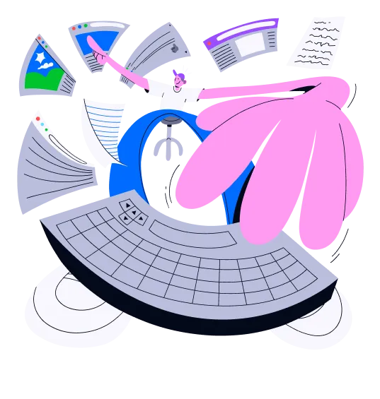 Illustration of a person navigating the internet with system windows around them.