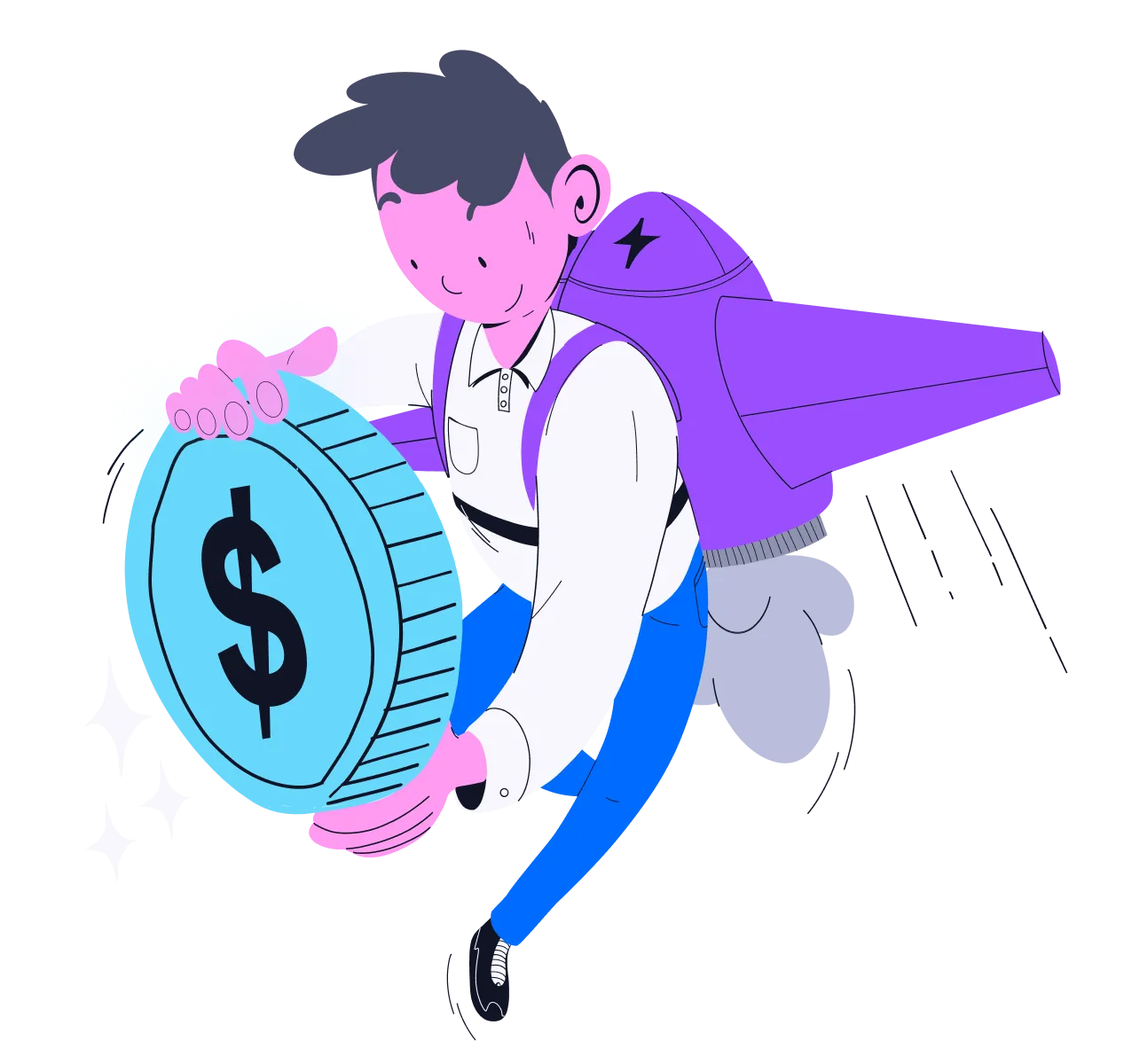 Illustration of a person flying with a rocket backpack while holding a giant coin.